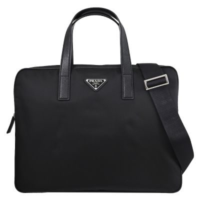 PRADA Re-Nylon Saffiano 經典三角LOGO尼龍兩用公事包(黑)