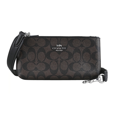 Coach 經典銀色金屬LOGO印花PVC雙層拉鍊斜背包(黑x咖啡)