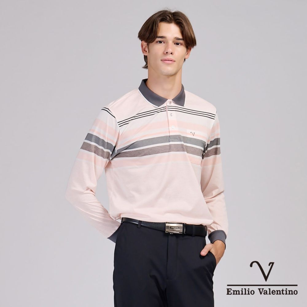 Emilio Valentino 范倫鐵諾 男 長袖POLO衫 精梳棉 舒適透氣 口袋 上衣 薄長袖 新品 台灣製造_橘/灰/白(21-6V0851)