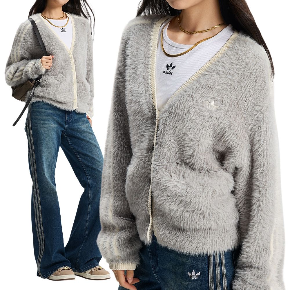 Adidas CRFT CARDIGAN 女款灰色亞規寬鬆三葉草CNY 毛毛外套KT3170