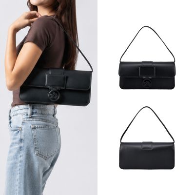 LONGCHAMP BOX-TROT系列小牛皮同色LOGO翻蓋單肩包(中/黑)