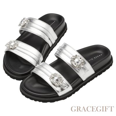 【Grace Gift】緞光水鑽方釦雙帶厚底拖鞋 銀