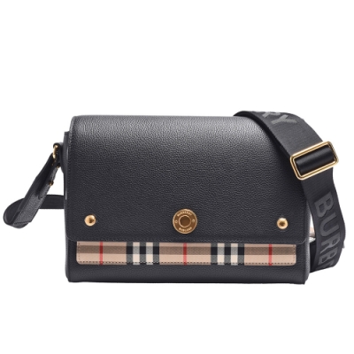 BURBERRY 巴寶莉 經典HACKBERRY系列小牛皮格紋帆布飾邊手提/斜背托特包(中-黑)