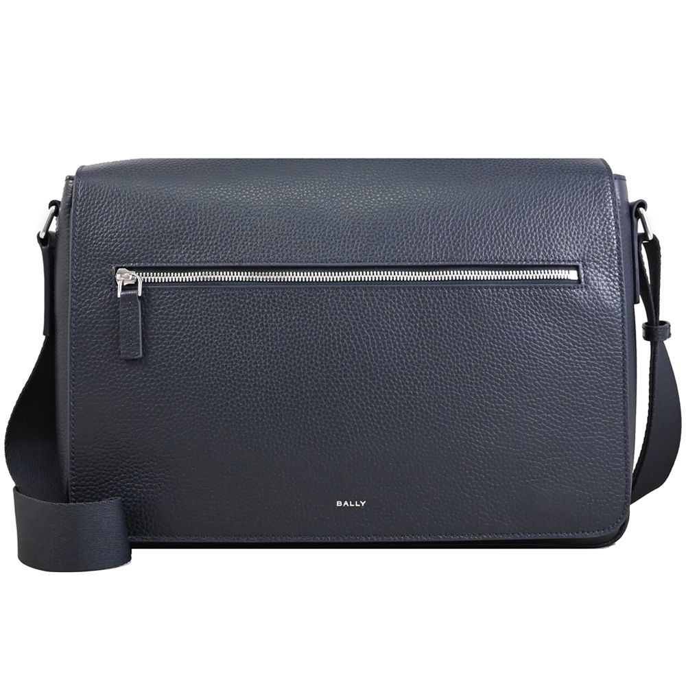 BALLY YORK POUCH 經典燙印LOGO荔枝牛皮翻蓋式商務斜背包(深藍)