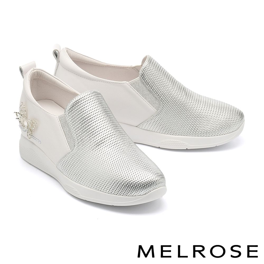 休閒鞋 MELROSE 美樂斯 精緻率性白鑽蝴蝶刺繡異材質內增高厚底休閒鞋－銀