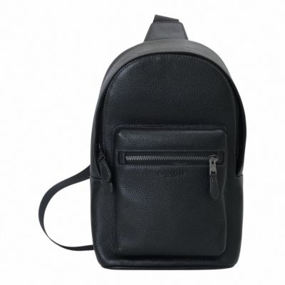 COACH 荔枝紋皮革直式側背胸背包(素面黑)
