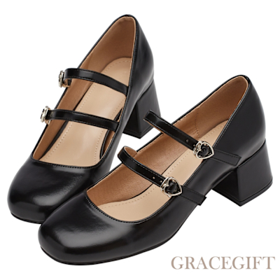 【Grace Gift】女團穿搭方頭愛心雙帶中跟瑪莉珍鞋 黑
