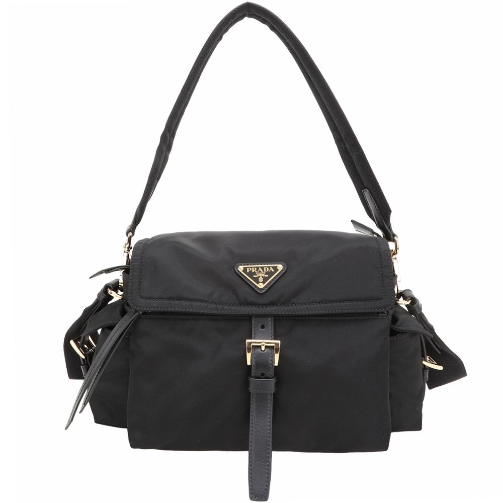 PRADA 普拉達 Explore Re-Nylon 中款 金三角牌雙袋尼龍皮釦翻蓋手提 肩斜背包(黑色)