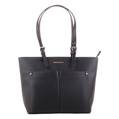 MICHAEL KORS  金LOGO 前雙口袋荔枝紋皮革肩背托特包(黑)