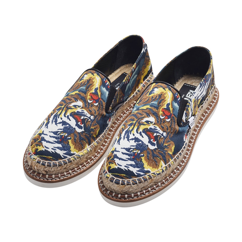 猛虎掛軸　翠石　Y281 KENZO 經典Mocassins Espadrille系列老虎圖紋皮革平底草編鞋(黑/棕