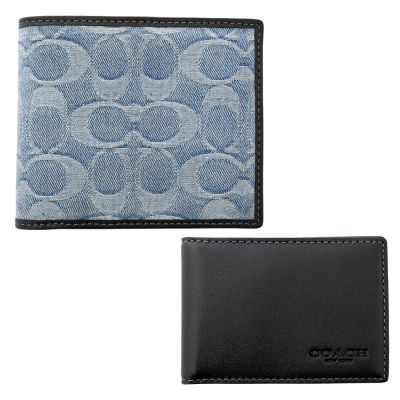 COACH 淺丹寧藍C Logo緹花布拼接真皮雙摺二合一男夾