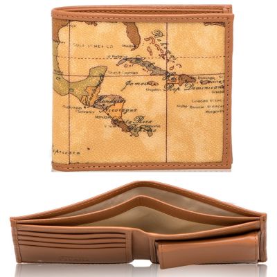 Alviero Martini 義大利地圖包 經典4卡零錢袋時尚短夾 皮夾11cm-地圖黃