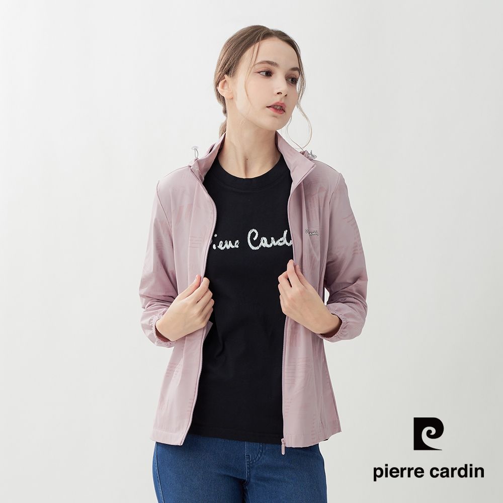 pierre cardin 皮爾卡登 網路獨家 男女款 印花防曬涼感冰絲可拆帽連帽外套(多款任選) (女款-粉色)
