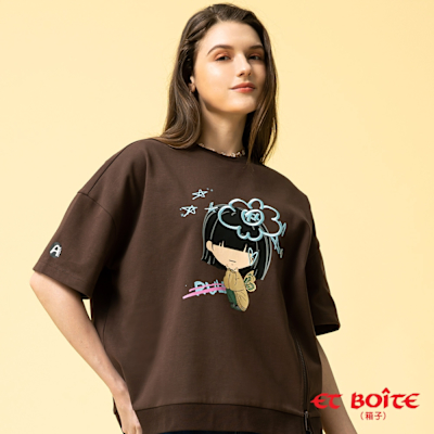 ET BOîTE 箱子 BLUE WAY – LIZ下襬拉鍊七分袖印花TEE(咖啡)