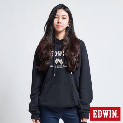 EDWIN 男女裝 東京散策系列 珍珠奶茶連帽長袖T恤-黑色
