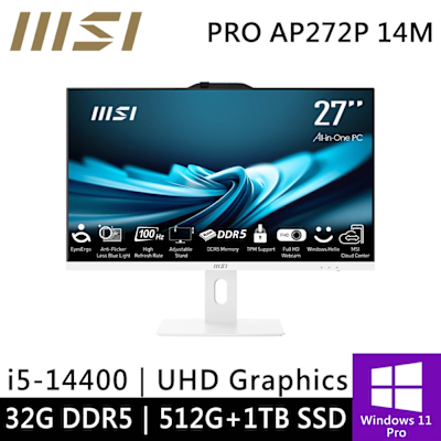 MSI微星 微星 PRO AP272P 14M-631TW-SP3 27型 白(i5-14400/32G/512G+1TB/W11P)特仕版