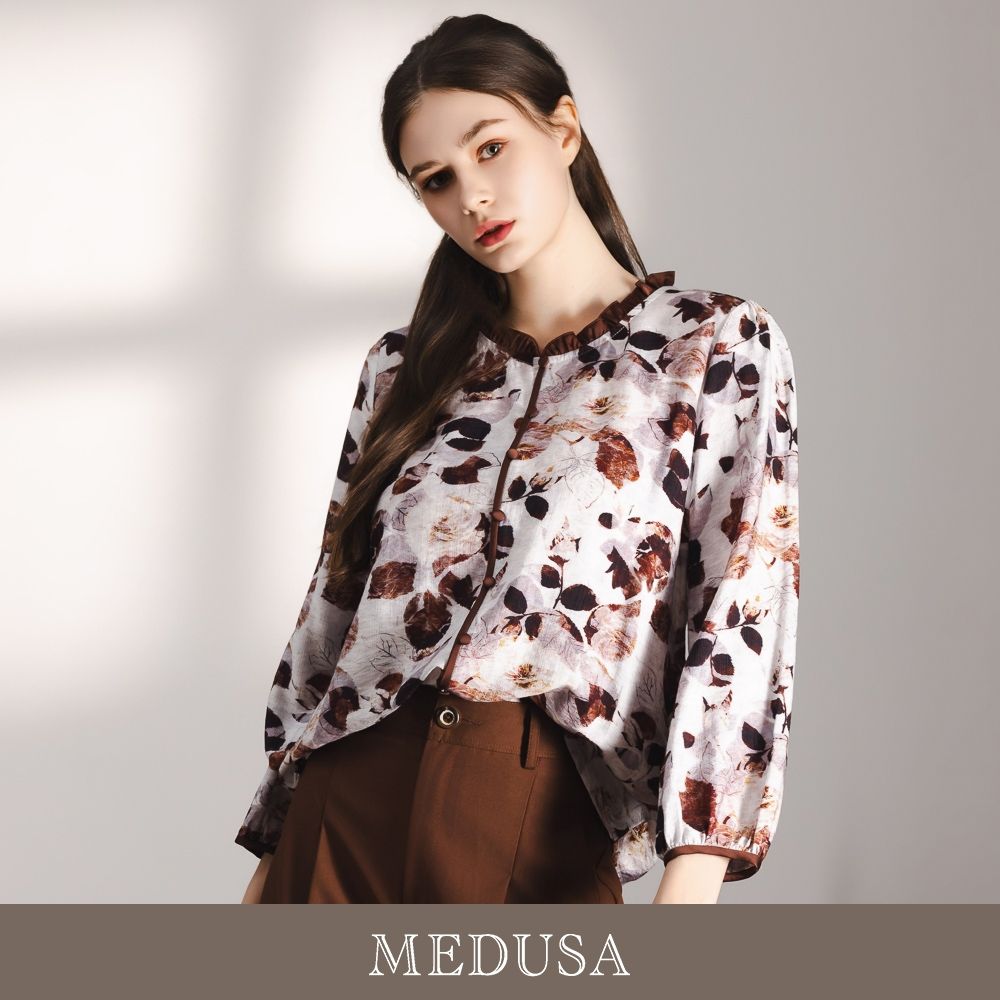 現貨【MEDUSA 曼度莎】小荷葉立體碎花天絲棉上衣（M-2L）｜碎花上衣 女休閒上衣