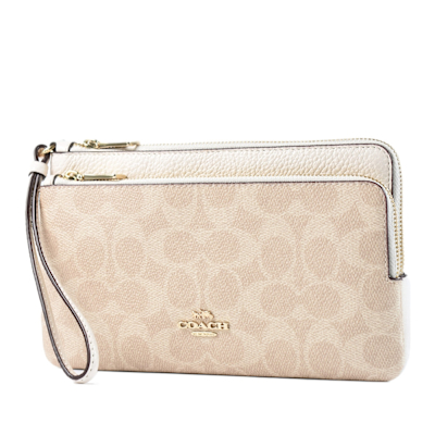 COACH 緹花LOGO防刮皮革大小雙層拉鍊大手拿包-灰褐/白