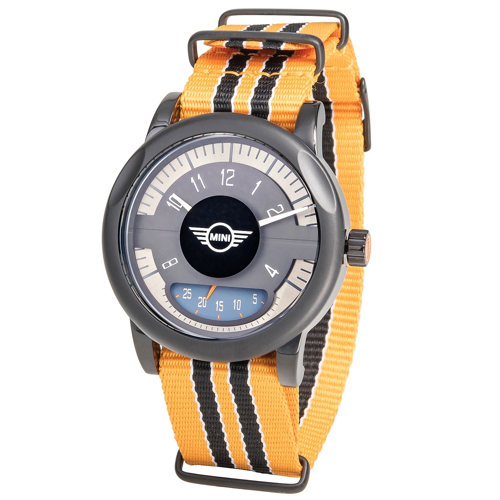 MINI Swiss Watches 石英錶 43mm 灰底黑環錶面 橘黑條紋尼龍錶帶