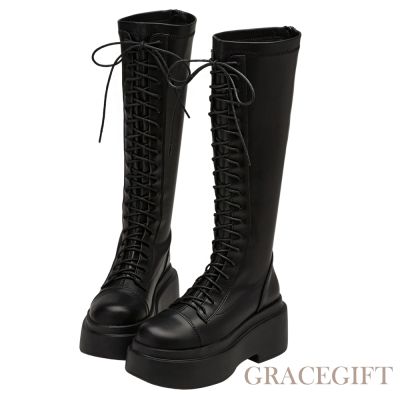 【Grace Gift】韓團指標輕量加厚鬆糕底綁帶長靴 黑