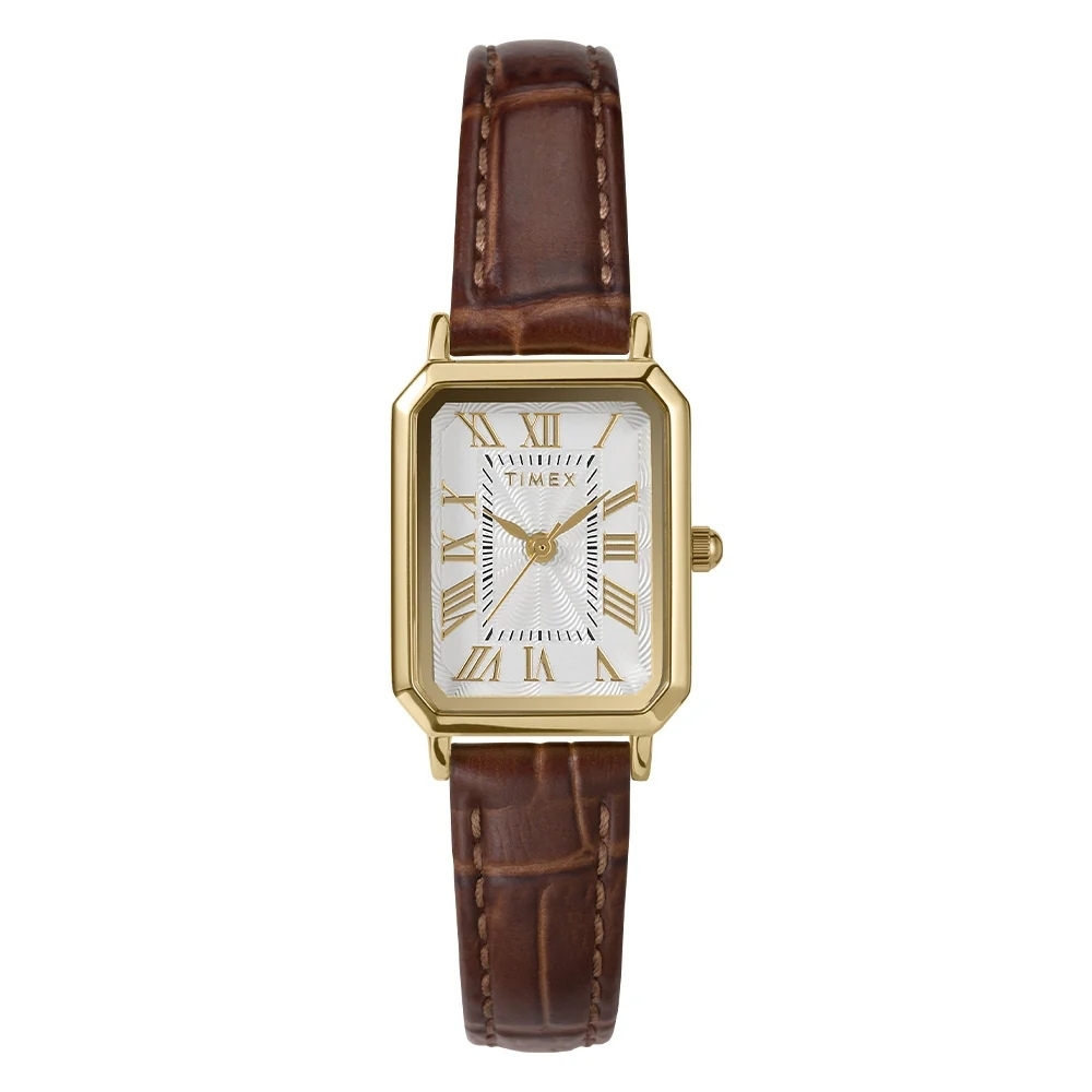 TIMEX  天美時  21毫米 矩形錶殼  極致優雅 鱷魚紋 天然皮革錶帶腕錶(白x棕 TXTW2Y00900)