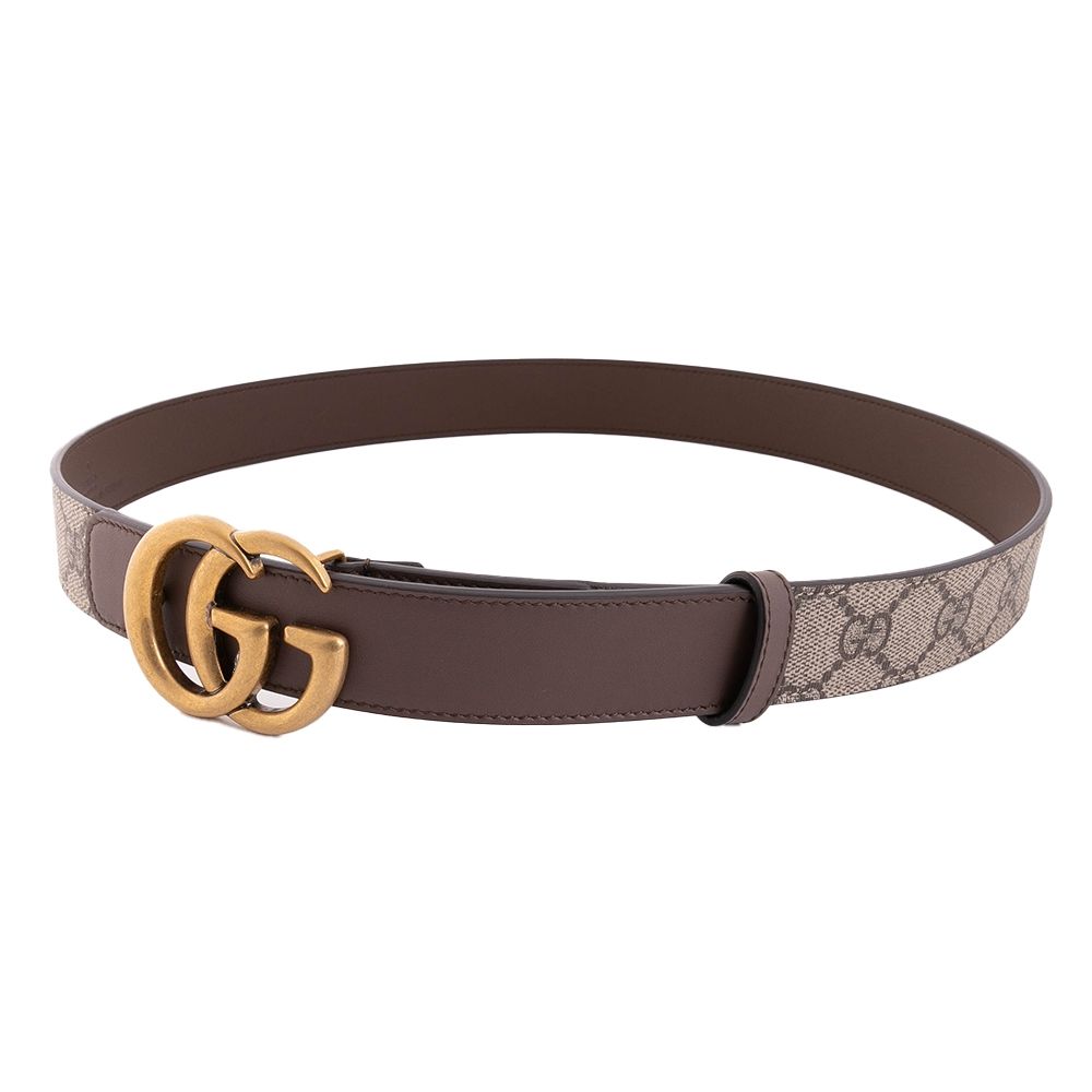 GUCCI GG MARMONT 3CM皮革拼接GG帆布皮帶(棕色-福利品) | GUCCI