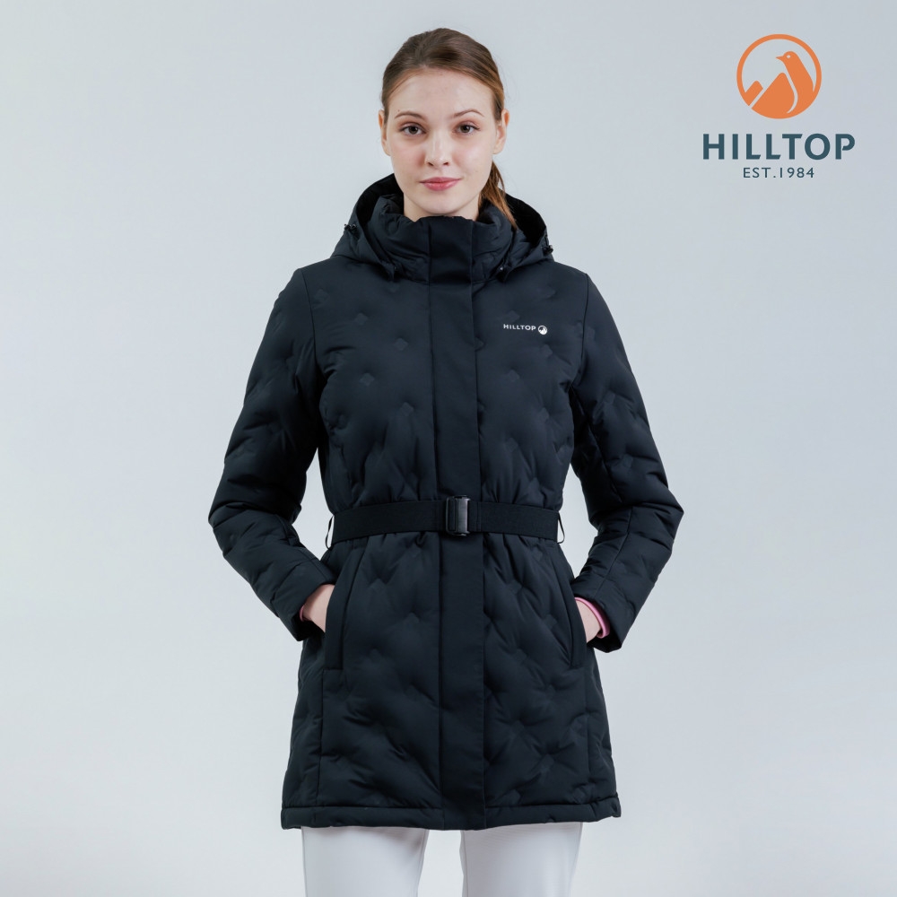HILLTOP山頂鳥超潑水無縫石墨烯保暖蓄熱羽絨長大衣外套女款黑
