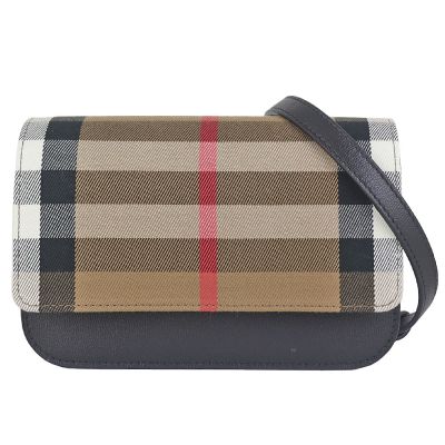 BURBERRY MADISON 蘇格蘭格紋帆布黑色皮邊革橫型翻蓋小斜背包
