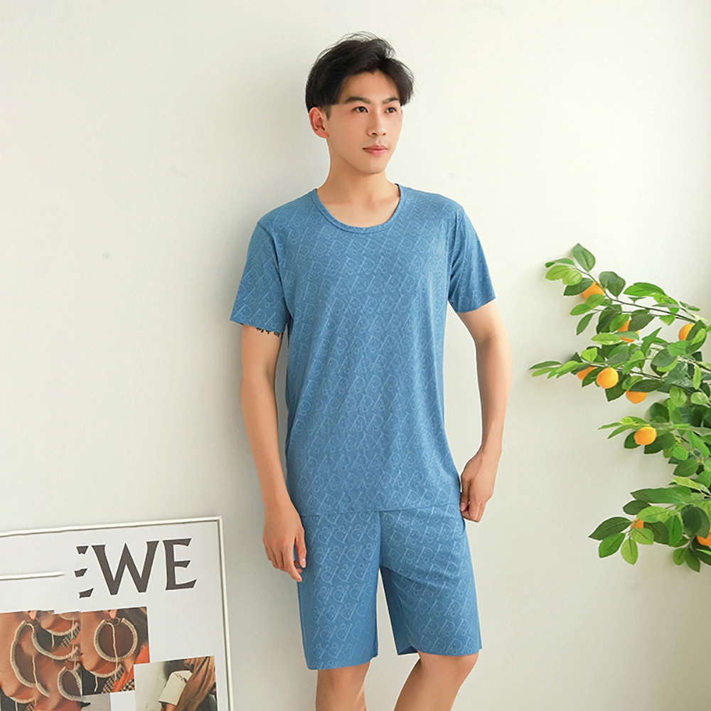 【Kosmiya】1套 夏季圓領情侶短袖睡衣褲/寬鬆睡衣/居家服/涼感睡衣/冰涼睡衣/居家套裝(8色可選/L-3XL) (男-藍色)