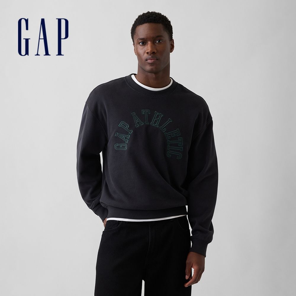 【GAP】VintageSoft毛圈布寬版Gap Athletic運動衫-無月黑/新款米白/帆船藍/烘烤杏仁(887940) (無月黑)