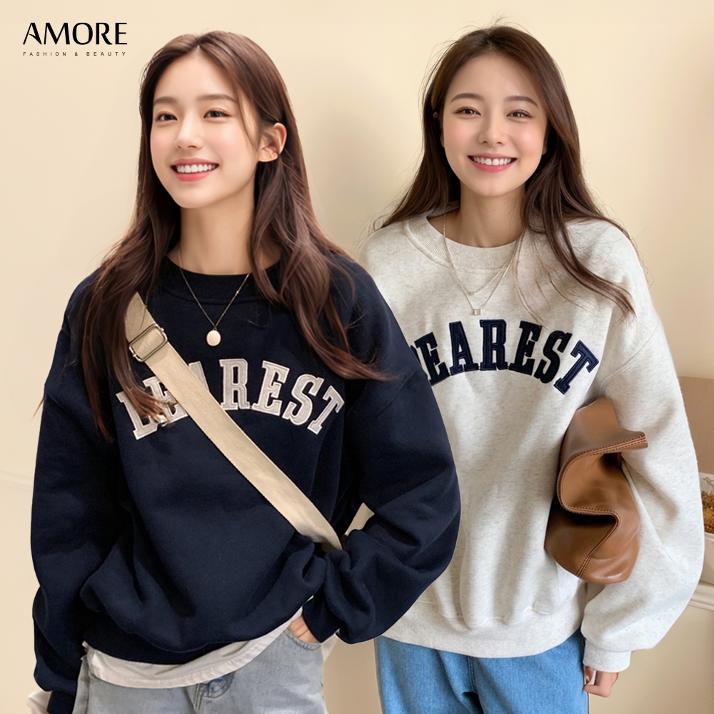Amore】秋冬韓系經典字母厚磅磨毛圓領長袖上衣2色| 大學T | Yahoo購物中心