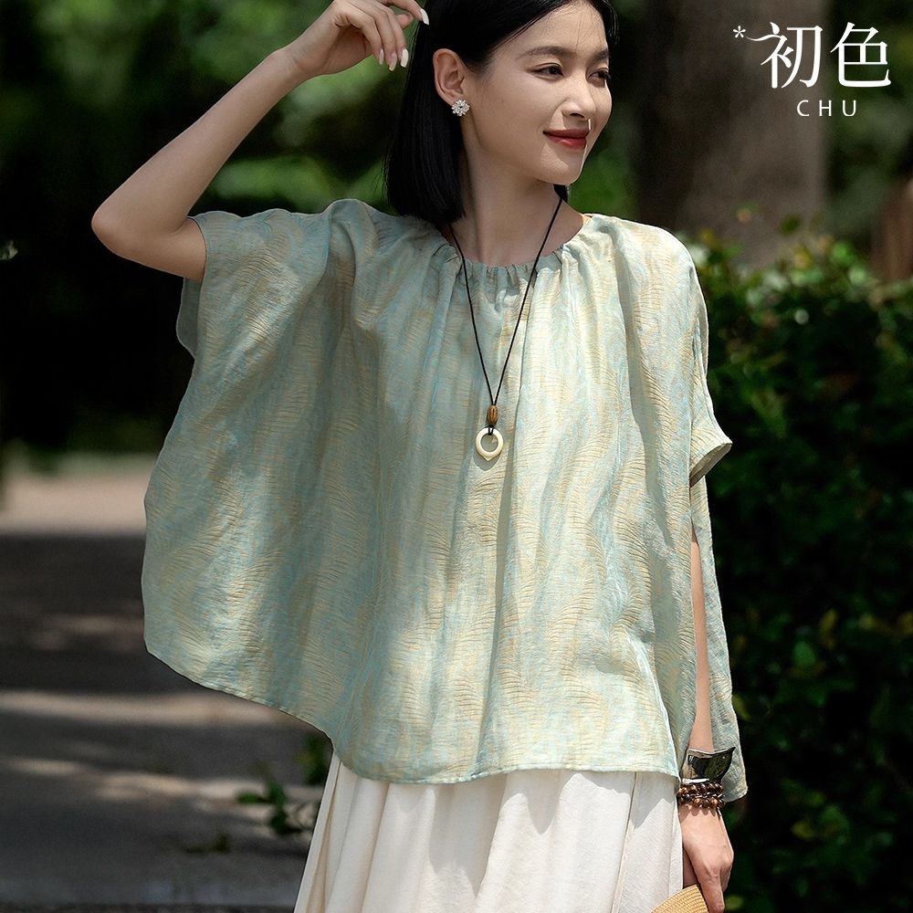 初色 寬鬆清新風印花圓領短袖襯衫上衣女上衣-黃綠色-13845(M-2XL可選)