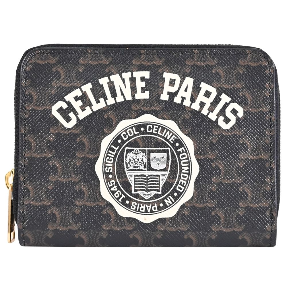 CELINE 賽琳 Triomphe 復古學院風印花皮革ㄇ字拉鍊零錢包(深咖)