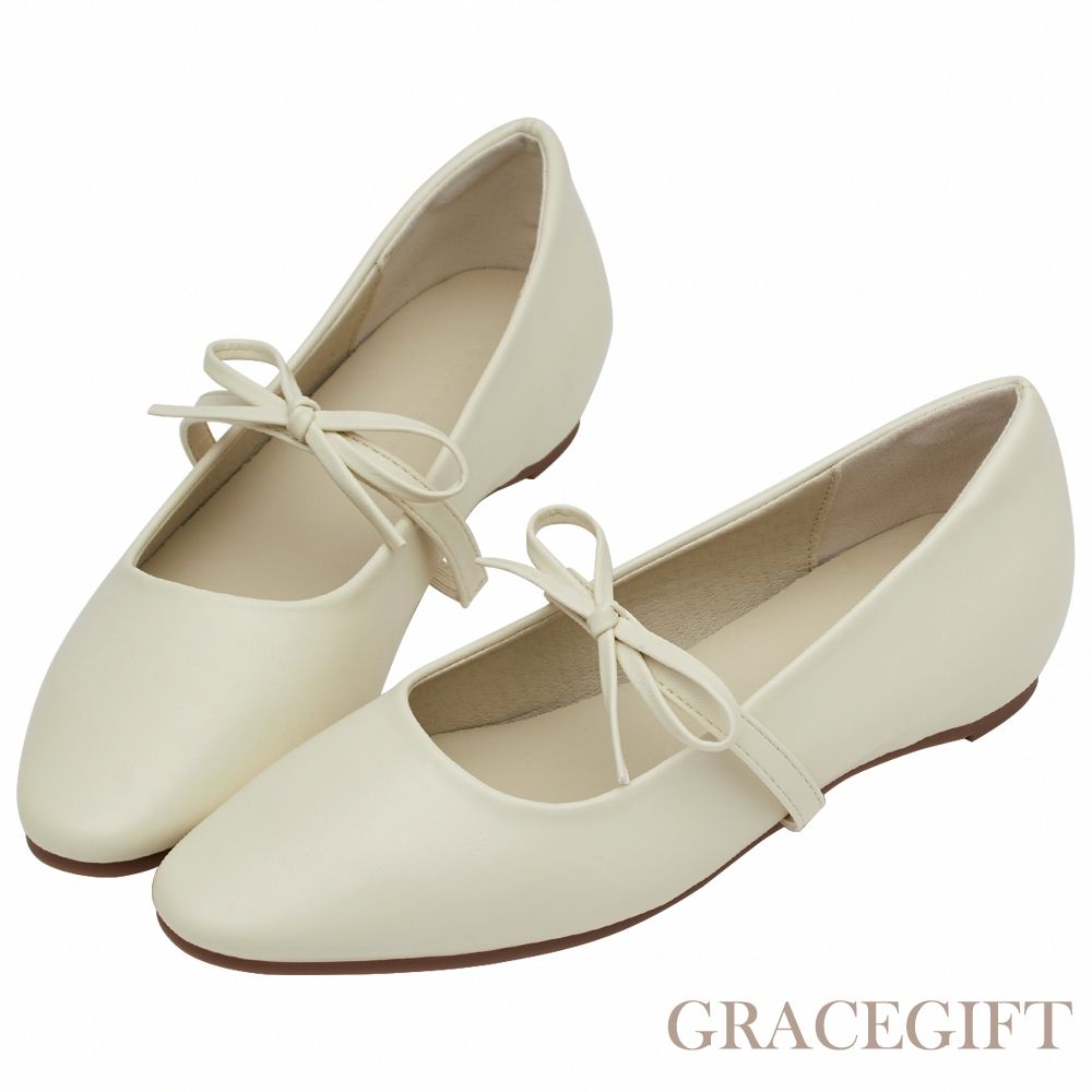 【Grace Gift】日常可愛感蝴蝶結瑪莉珍內增高平底鞋 米白