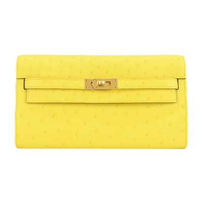 Hermes 愛馬仕 Kelly To Go Wallet 9N OSTRICH Z刻 長夾/斜背包(9N萊姆黃/金釦)