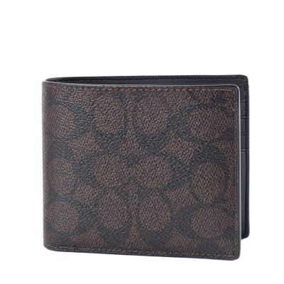 COACH 男款 緹花LOGO防刮皮革八卡短夾-咖啡色/卡其/附證件夾
