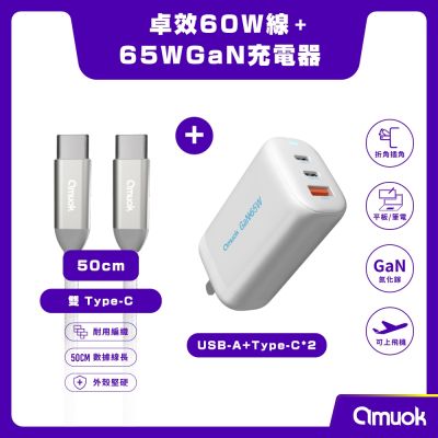 【amuok】 65W GaN氮化鎵充電器+60W卓效雙Type-C充電線50cm （氮化鎵充電頭套裝)