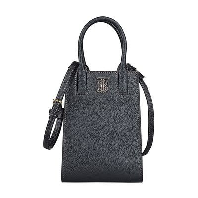 BURBERRY 巴寶莉 FRANCES皮革搭配金屬LOGO小牛皮手提斜背托特包(迷你/黑)