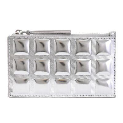 TORY BURCH 金屬亮面皮革立體方磚拉鍊卡夾零錢包(銀)
