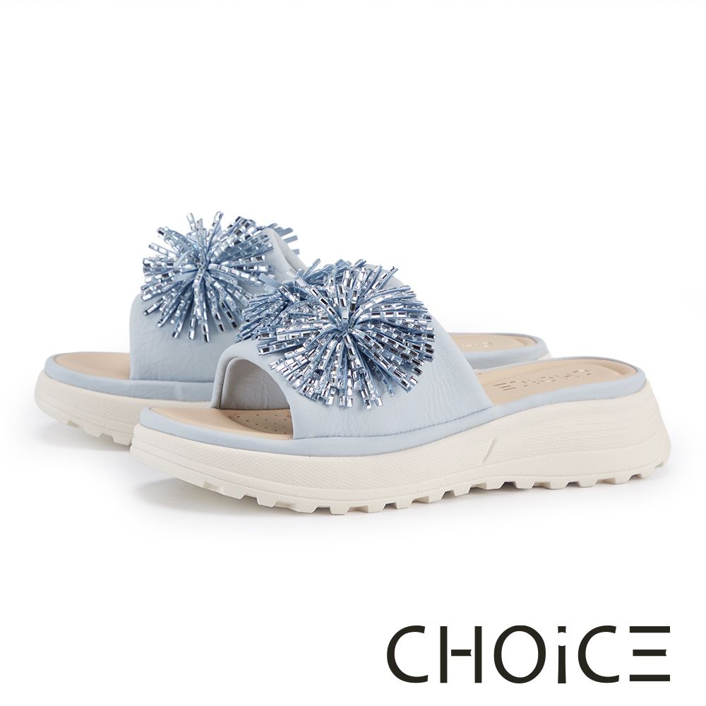 CHOiCE 閃耀煙火鑽飾厚底拖鞋 水藍