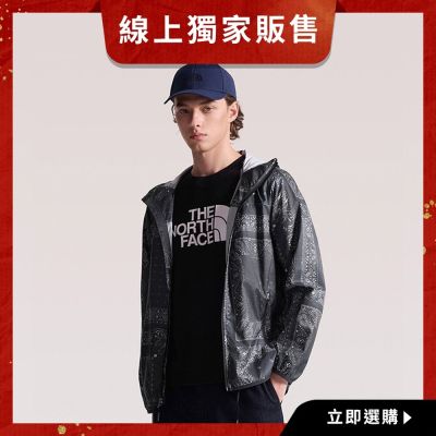 【The North Face 官方旗艦】線上獨家款｜北面男款黑色DWR防潑水滿版圖騰連帽外套｜4NC6LJ7