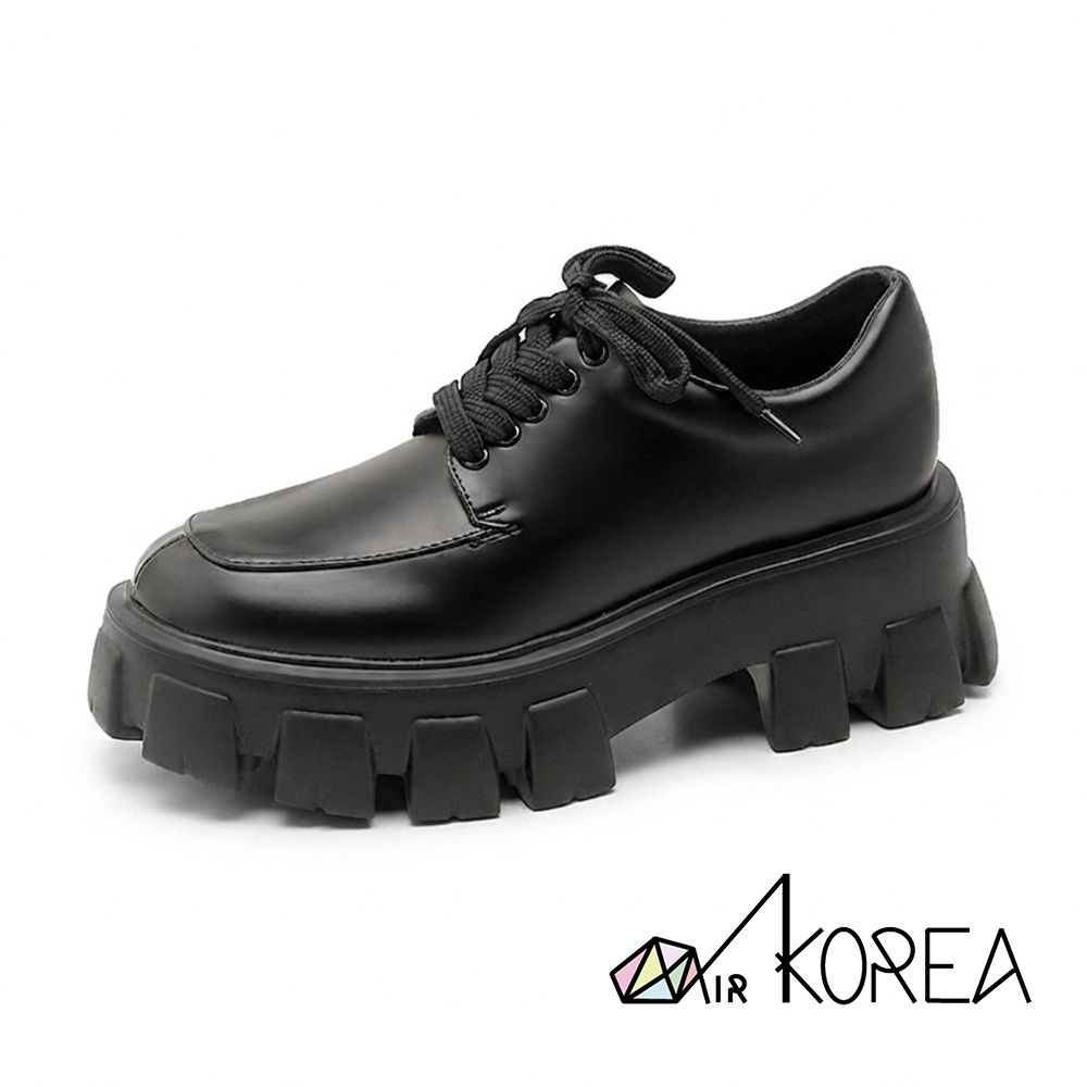 AIRKOREA 真皮學院風厚底樂福鞋-增高7cm-黑