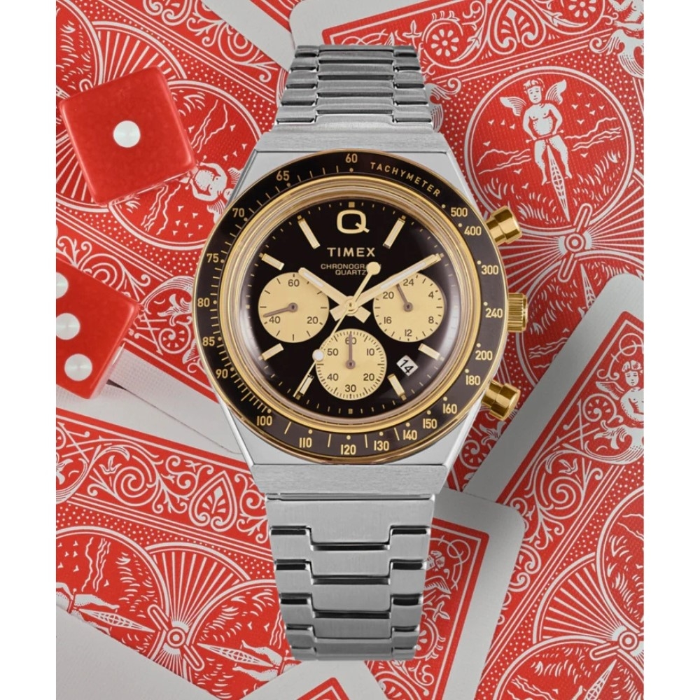 TIMEX  天美時 QTimex  40毫米 潛水風格設計 秒錶全金屬腕錶(黑黃x銀TXTW2W64200)
