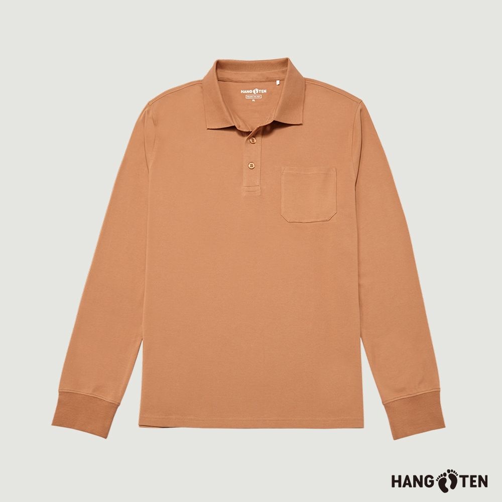 Hang Ten-男裝-經典口袋長袖POLO衫-卡其