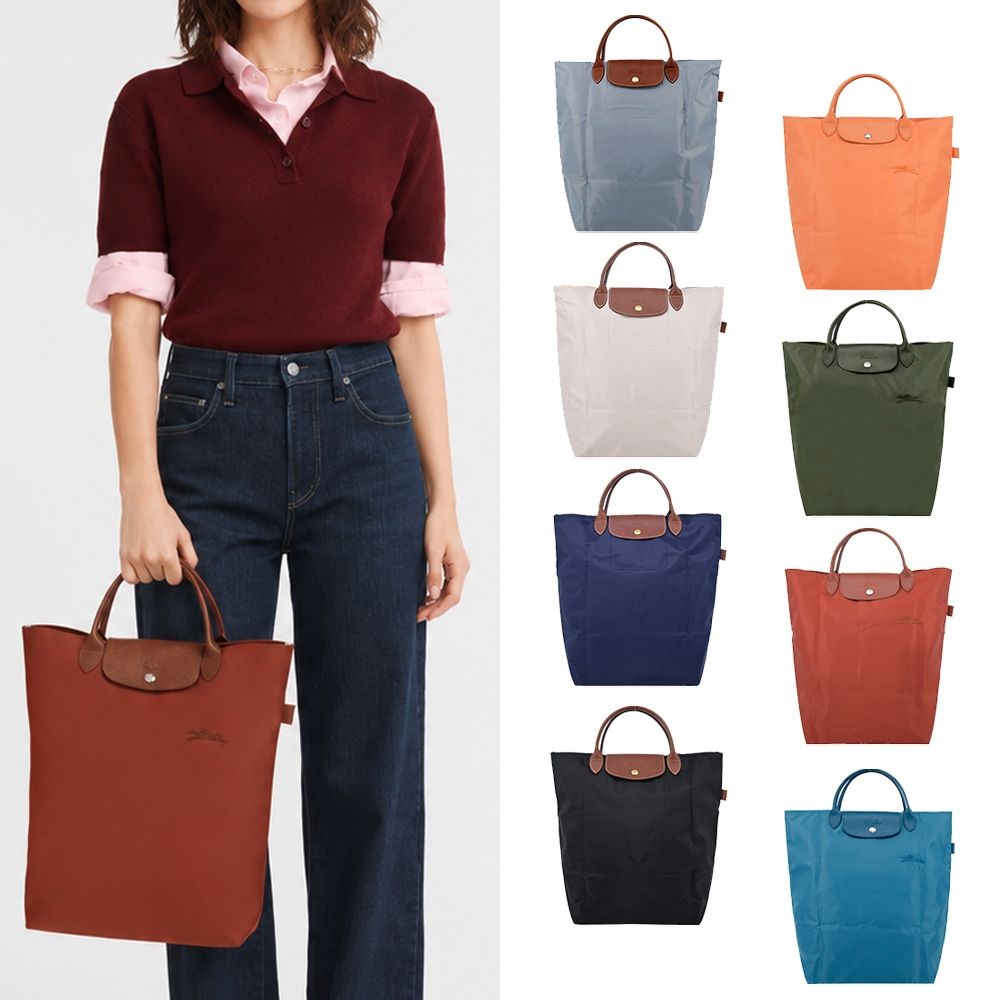 LONGCHAMP LE PLIAGE/GREEN系列原創刺繡短把中型再生尼龍手提包(多色選)