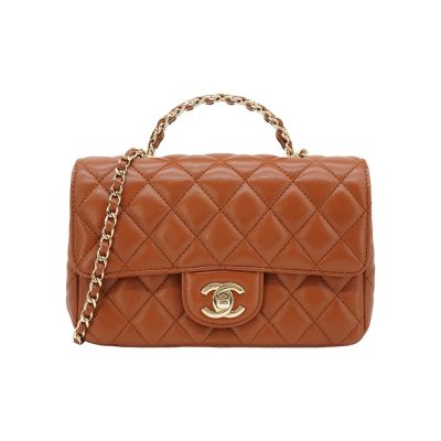 Chanel 香奈兒 展示品 Handle 20 菱格羊皮水鑽手把淡金鍊斜背包(焦糖色)