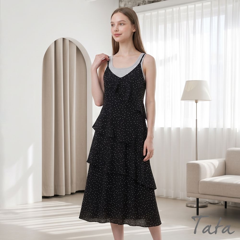 TATA 不規則荷葉邊無袖細肩帶長洋裝-共二色-M~XL (黑色)