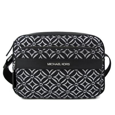 MICHAEL KORS Cooper 銀絲緹花Logo織紋寬帶橫式飛行斜背包(黑銀色)