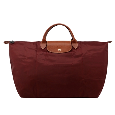 LONGCHAMP LE PLIAGE系列短把再生尼龍摺疊水餃旅行袋(大/酒紅)