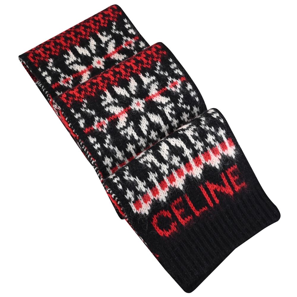 CELINE 民族風紋設計羊毛長圍巾/披肩(黑)